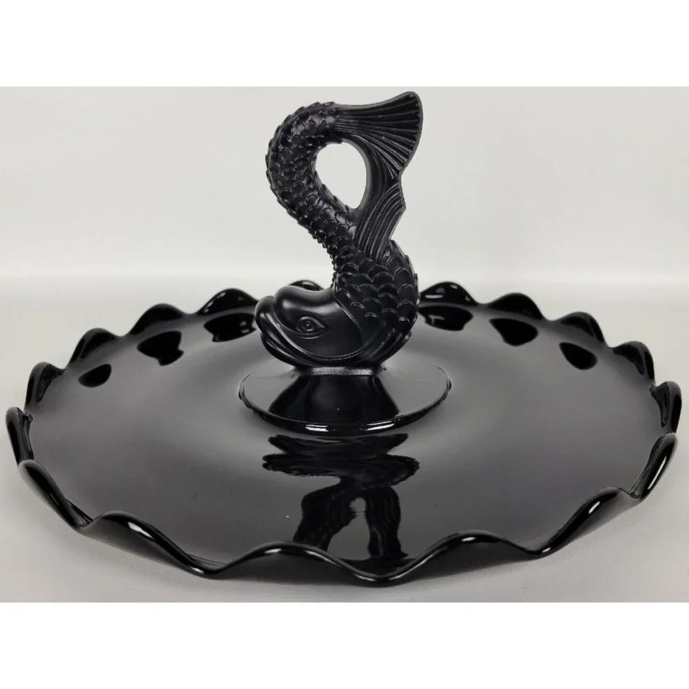 Vintage Viking‎ Glass Black Amethyst Dolphin Fish Serving Tray Platter 11